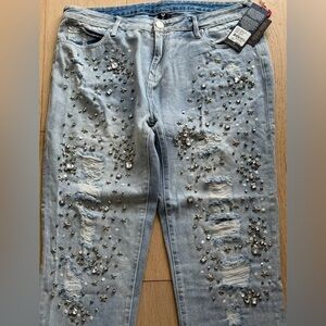Audrey Slim Boyfriend Jeans 32 Crystal Star Hand Embellished Distressed NWT $369